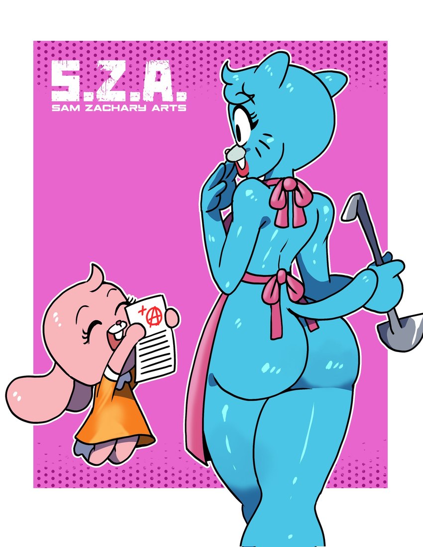 4_fingers age_difference anthro apron apron_only back-tie_apron back-tie_clothing bent_arm big_butt big_ears big_eyes biped black_eyebrows black_eyes blue_body blue_ears blue_fur blue_tail border buckteeth butt clothed clothed_anthro clothed_female clothing curved_eyebrows curvy_figure dotted_background dress duo eyebrows eyelashes eyes_closed facial_markings featureless_hands female fingers floppy_ears footwear fur fur_tuft glistening glistening_arms glistening_back glistening_body glistening_butt glistening_ears glistening_face glistening_fur glistening_legs glistening_shoulders glistening_tail glistening_thighs happy head_markings head_tuft holding_ladle holding_object holding_paper holding_tool holding_utensil humanoid_hands iris jumping kitchen_utensils ladle larger_female legs_together light_body light_fur lips lipstick logo long_eyelashes lop_ears makeup markings mature_anthro mature_female midair monotone_tail mostly_nude mostly_nude_anthro mostly_nude_female muzzle_(marking) no_pupils older_female open_mouth open_smile orange_clothing orange_dress outline outside_border paper pattern_background pink_apron pink_body pink_clothing pink_ears pink_fur pink_nose pointy_ears prick_ears pseudo_hair red_lips red_lipstick simple_background size_difference small_nose smaller_female smile smiling_at_another snout socks tail teeth text thick_bottom_lip thick_thighs thin_eyebrows three-quarter_view tools translucent tuft white_border white_clothing white_footwear white_markings white_outline white_socks white_text young young_anthro young_female younger_female samyueru_zackari cartoon_network the_amazing_world_of_gumball anais_watterson nicole_watterson domestic_cat felid feline felis lagomorph leporid mammal rabbit 2025 artist_logo artist_name digital_drawing_(artwork) digital_media_(artwork) hi_res daughter_(lore) mother_(lore) mother_and_child_(lore) mother_and_daughter_(lore) parent_(lore) parent_and_child_(lore) parent_and_daughter_(lore)