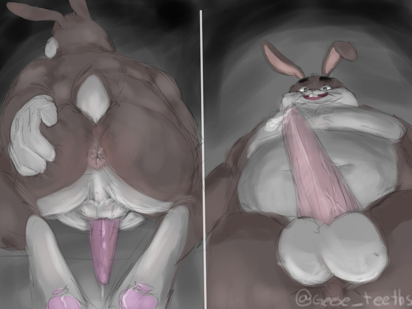 anthro anus balls bodily_fluids butt clothing cum fur genital_fluids genitals gloves handwear looking_at_viewer low-angle_view male overweight overweight_anthro overweight_male paws rear_view solo spread_butt spreading worm's-eye_view geese_teeths big_chungus looney_tunes warner_brothers bugs_bunny lagomorph leporid mammal rabbit 4:3