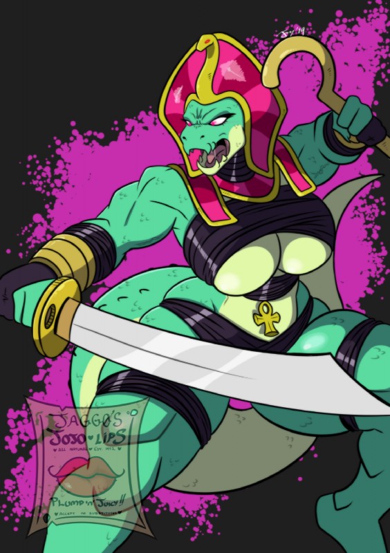 abstract_background action_pose angry anthro arm_wraps big_breasts bodily_fluids bracelet breasts chest_wraps clothed clothing egyptian egyptian_clothing egyptian_headdress eyeliner female glowing glowing_eyes gold_(metal) gold_jewelry hand_wraps holding_melee_weapon holding_object holding_sword holding_weapon huge_breasts jewelry leg_wraps makeup melee_weapon muscular muscular_anthro muscular_female non-mammal_breasts pose queen royalty saliva scimitar simple_background solo sword tail teeth thick_tail thick_thighs tight_clothing tongue weapon wide_hips wraps kingjaguar queen_nosh'ora_(shaw) crocodile crocodilian reptile scalie 2019 digital_media_(artwork) hi_res