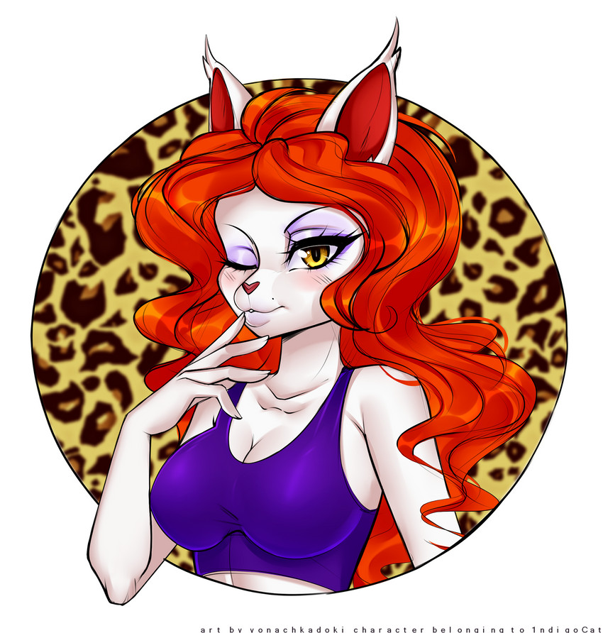 alternative_fashion animal_print anthro big_breasts blush breasts eyelashes female gyaru hair heart_nose heart_symbol j-fashion kemono leucistic lipstick makeup red_hair solo yellow_eyes yonachka_doki indigo caracal caracal_(genus) felid feline mammal hi_res