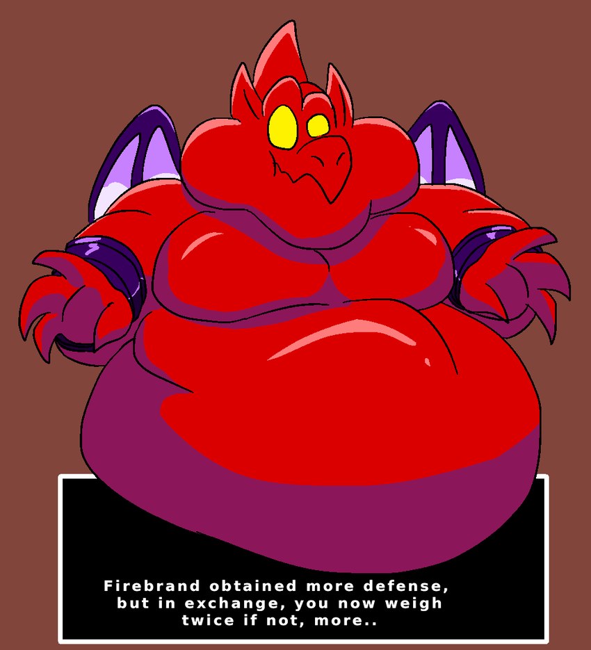 belly big_belly bloated bracelet cheek_bulge empty_eyes featureless_chest humanoid_pointy_ears jewelry male membrane_(anatomy) membranous_wings overweight overweight_male pointy_ears red_body solo text text_box wings comicfiruko capcom demon's_crest gargoyle's_quest ghosts_'n_goblins firebrand demon gargoyle red_arremer digital_media_(artwork) english_text