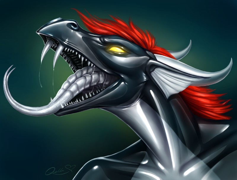 ambiguous_gender bodily_fluids drooling fangs glowing hair horn latex male open_mouth realistic saliva sharp_teeth simple_background solo teeth tongue tongue_out quillu mythology jaeson_nightwalker dragon mythological_creature mythological_scalie scalie 2015 bust_portrait digital_media_(artwork) portrait