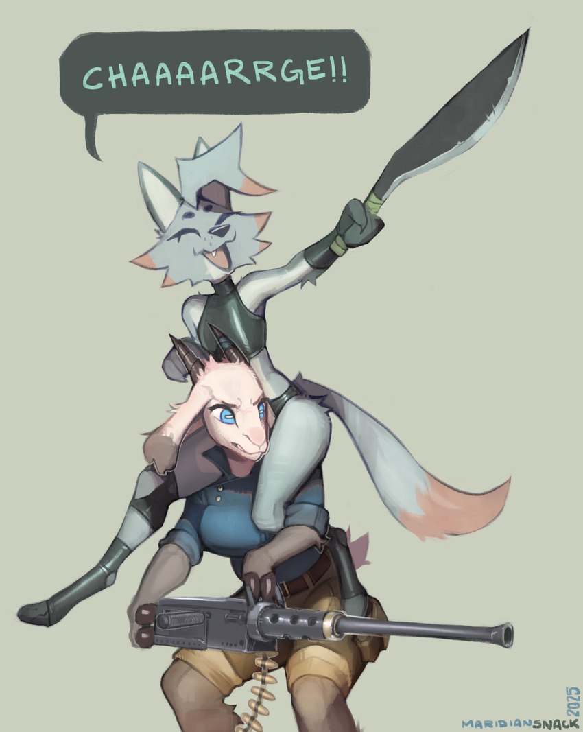 ammo_belt anthro blue_eyes breasts cheek_tuft clothed clothing dialogue duo excited eyes_closed facial_tuft fangs female fur gloves gun handwear head_tuft heavy_machine_gun horn m2_browning machete machine_gun melee_weapon open_mouth ranged_weapon screaming tail teeth tuft weapon maridiansnack bovid canid canine caprine goat mammal hi_res