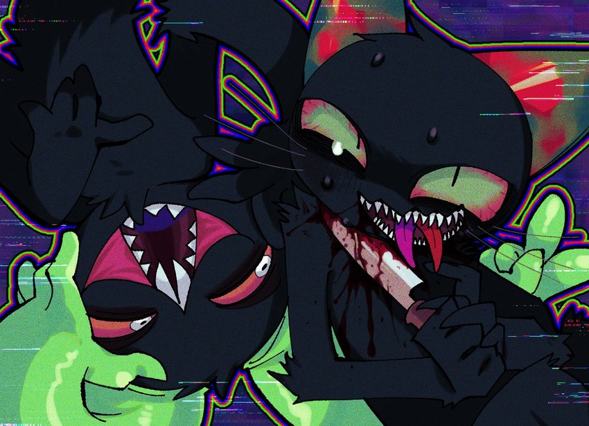 2_tongues black_body black_fur blood blood_on_knife bodily_fluids duo ear_hands fur glitch green_ears knife knife_to_throat male multi_tongue multicolored_ears multicolored_sclera multicolored_tongue purple_tongue sharp_teeth teeth tongue tongue_out two_tone_ear two_tone_tongue viiiii_82 neko_no_teach-kun oyasaioni9 dada-sama kobayashi_(neko_no_teach-kun) domestic_cat felid feline felis lagomorph leporid mammal rabbit 2023