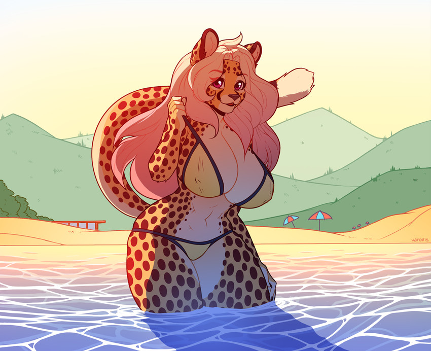 anthro beach big_breasts bikini breasts cleavage clothed clothing countershading female hair legs_in_water long_hair nipple_outline partially_submerged seaside shadow solo submerged_legs swimwear teasing two-piece_swimsuit water wide_hips varollis alexandra_(velocitycat) cheetah felid feline mammal