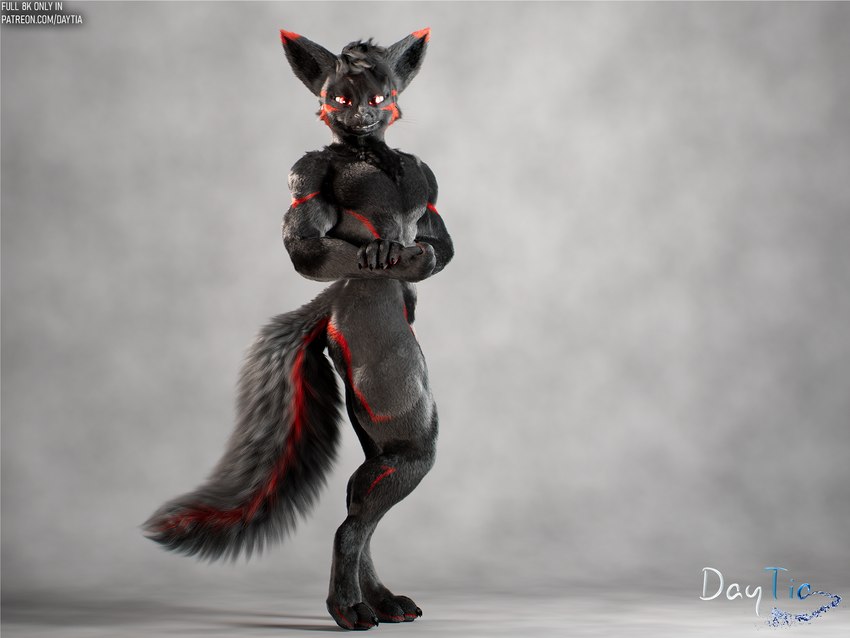 anthro black_body black_fur black_hair fur hair looking_at_viewer male muscular pose posed red_body red_eyes red_fur simple_background smile solo tail white_background daytia c4d rexouium 3d_(artwork) 4:3 digital_media_(artwork) hi_res