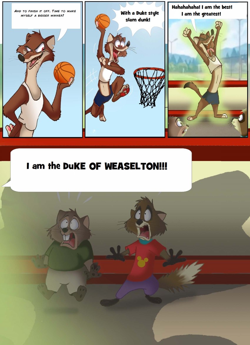 4_fingers anthro ball basketball_(ball) basketball_court basketball_hoop bottomwear brown_body brown_fur cheek_tuft clothed clothing day detailed_background dialogue facial_tuft fingers fur inside jumping looking_at_object macro macro_anthro male multicolored_body multicolored_fur multicolored_tail pivoted_ears red_eyes scared shirt shocked shorts smile solo solo_focus speech_bubble tail tank_top teeth text topwear tuft fairytalesartist disney zootopia duke_weaselton canid canine fox mammal mustelid musteline red_fox true_fox true_musteline weasel 2024 comic english_text hi_res