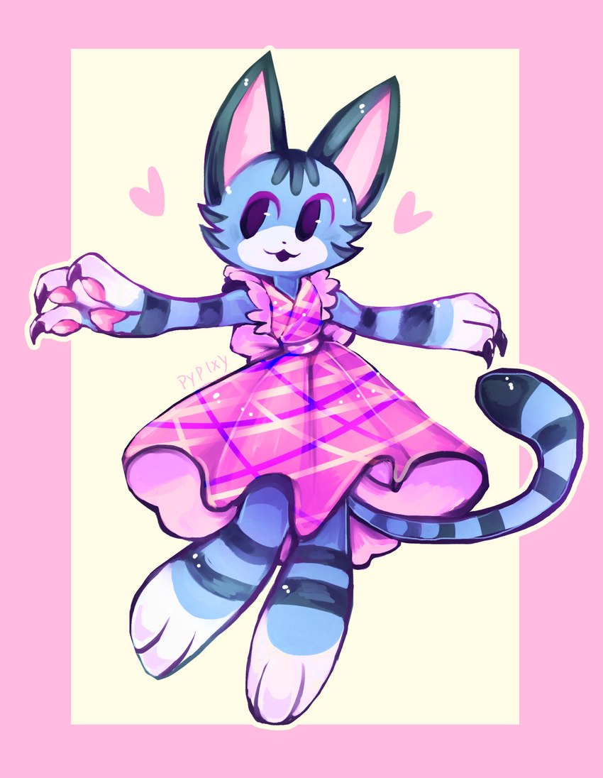 anthro barefoot biped border claws clothing dot_eyes dress feet female fur grey_body grey_fur heart_symbol markings pawpads paws pink_border pink_clothing pink_dress simple_background solo striped_body striped_fur striped_markings striped_tail stripes tail tail_markings white_background pypixy animal_crossing nintendo lolly_(animal_crossing) domestic_cat felid feline felis mammal 2023 absurd_res digital_media_(artwork) digital_painting_(artwork) hi_res