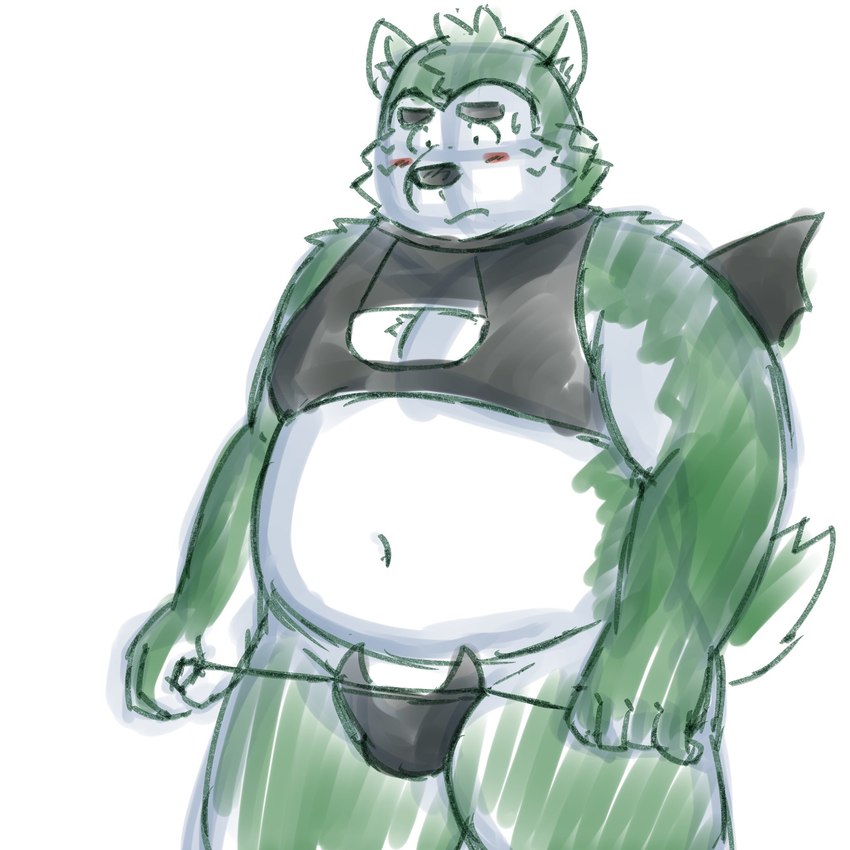 anthro belly bikini blush clothed clothing embarrassed fupa fur green_body green_fur male navel overweight overweight_male sketchy skimpy solo swimwear two-piece_swimsuit yaki_atsuage lifewonders live_a_hero mokdai canid canine canis domestic_dog mammal 1:1 hi_res