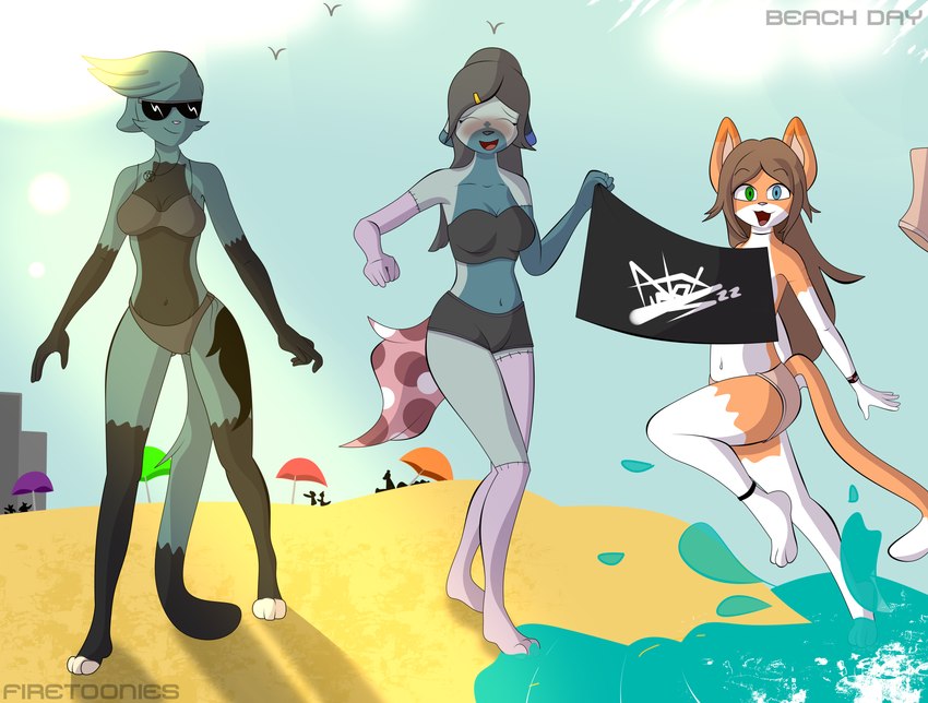 accident accidental_exposure anthro beach beach_umbrella bikini bikini_removed bikini_shorts black_body black_fur black_nose blue_eyes brown_hair clothing convenient_censorship countershading detailed_background embarrassed eyewear female female/female fur green_body green_eyes grey_hair group hair heterochromia jumping light long_hair long_tail looking_at_viewer looking_away markings parasol pink_body pink_fur pink_nose sand sea seaside smile spots spotted_markings spotted_tail standing sunglasses sunlight swimwear swimwear_removed tail tail_markings tattoo trio two-piece_swimsuit water white_body white_fur firenox1559 galia_(tleatlnox59) grey_(tleatlnox59) tiffany_(tleatlnox59) domestic_cat felid feline felis hybrid mammal absurd_res hi_res