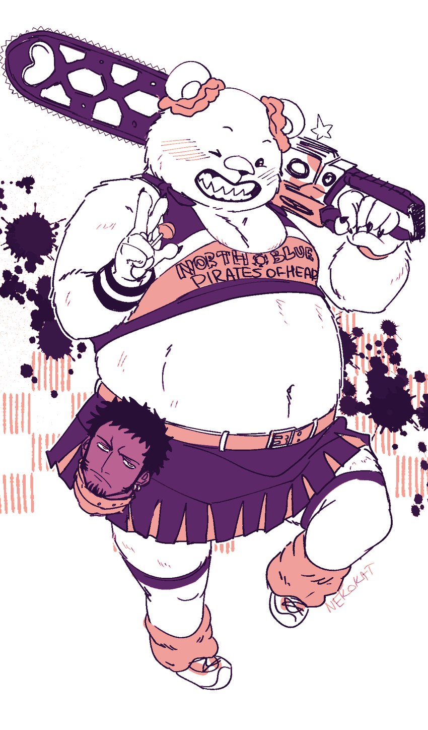 anthro belly blush chainsaw cheerleader_outfit clothed clothing cosplay crossdressing duo fur male one_eye_closed overweight power_tool tools white_body white_fur wink nekokat42 lollipop_chainsaw one_piece bepo_(one_piece) trafalgar_law bear human mammal polar_bear ursine hi_res