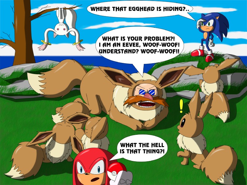 ambiguous_gender anthro dialogue exclamation_point group male text what johnbrain93 nintendo pokemon puella_magi puella_magi_madoka_magica sega sonic_the_hedgehog_(series) dr._eggman knuckles_the_echidna kyubey sonic_the_hedgehog canid canine eevee generation_1_pokemon incubator_(puella_magi) mammal pokemon_(species) 4:3 crossover english_text engrish