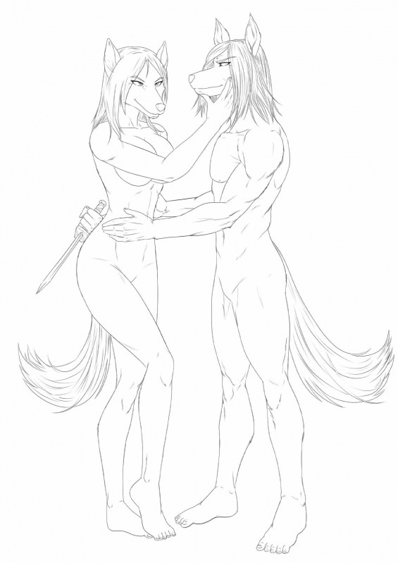 anthro breasts duo female femme_fatale grin knife male male/female nude smile reiner55 sirus the_sake_ninja canid canine canis fox mammal wolf 2014 black_and_white hi_res line_art monochrome