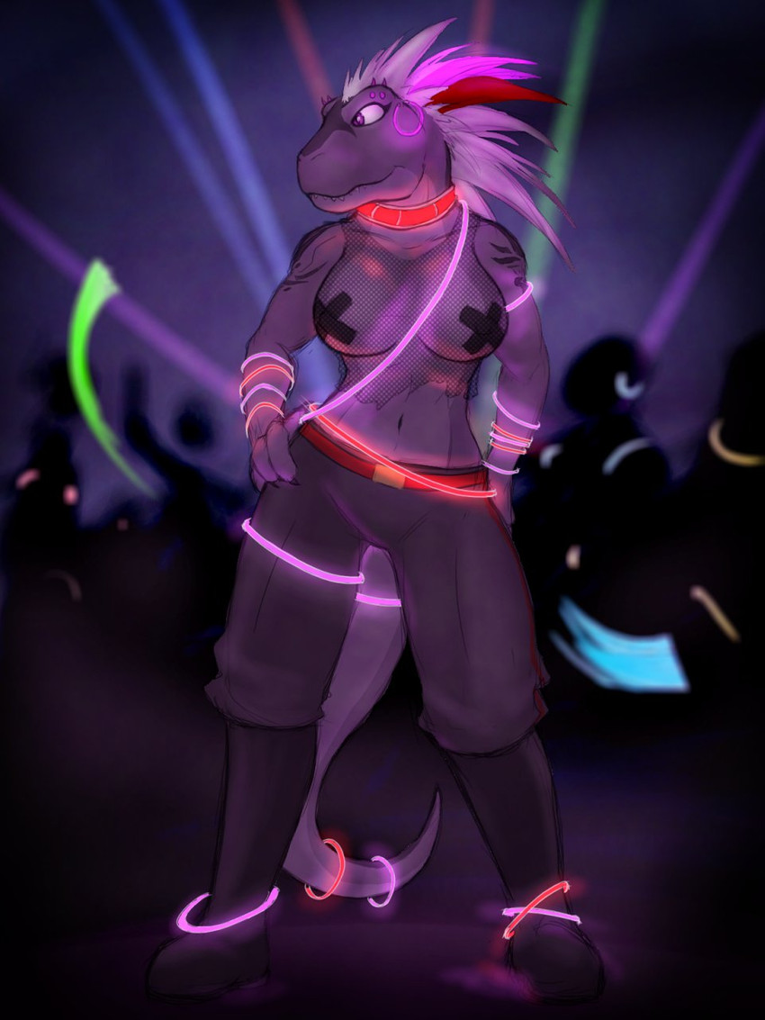 anthro biped boots bottomwear breasts clothing collar female fishnet_clothing fishnet_topwear footwear front_view glowstick glowsticking grey_body grey_scales grey_tail hair hand_on_hip horn navel nipple_tape non-mammal_breasts pants pasties purple_eyes rave red_horn scales shoes solo standing tail tape tattoo topwear white_hair drake_tigerclaw vasha_vinodragova dinosaur prehistoric_species reptile scalie theropod tyrannosaurid tyrannosauroid tyrannosaurus tyrannosaurus_rex 2014 3:4 digital_media_(artwork) hi_res