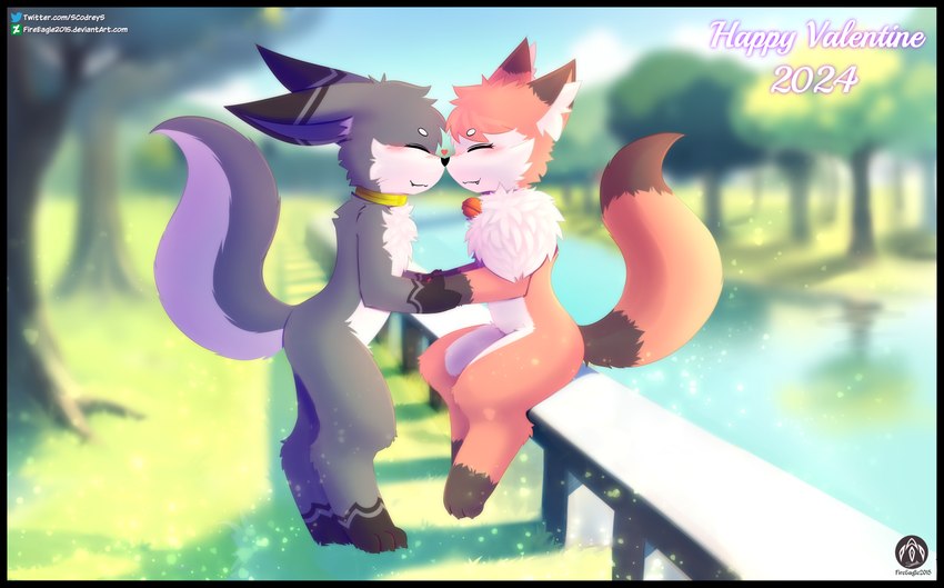 anthro bell bell_collar black_border blush border claws collar duo eyes_closed fangs female fence fur fur_markings grass hand_holding heart_symbol male markings nose_to_nose plant reflection river romantic romantic_couple sitting sky standing tail teeth text tree senz nia_(senz) sean_(senz) canid canine fox iradeon mammal absurd_res hi_res url