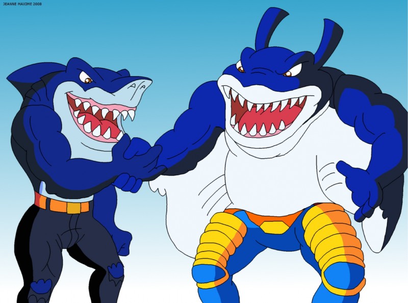 abs anthro belt biceps blue_body blue_skin bottomwear brown_eyes clothed clothing dorsal_fin duo fangs fin grey_body grey_skin grin hand_holding male muscular open_mouth pants pecs pose scales smile standing teeth tongue topless torn_clothing maxime-jeanne street_sharks mantaman ripster fish great_white_shark hybrid mackerel_shark manta_ray marine ray_(fish) shark white_shark 2008 hi_res