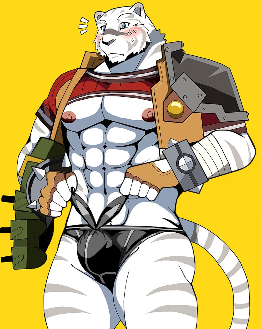 5_fingers abs anthro armor armwear blue_eyes blush bracers bulge claws clothed clothing finger_claws fingerless_gloves fingers fur gloves handwear male nipples partially_clothed pecs shirt simple_background solo striped_body striped_fur stripes t-shirt topwear underwear vest weapon white_body yellow_background bearlovestiger13 grimoire_of_zero the_dawn_of_the_witch mercenary_(grimoire_of_zero) felid mammal pantherine tiger 2023 hi_res