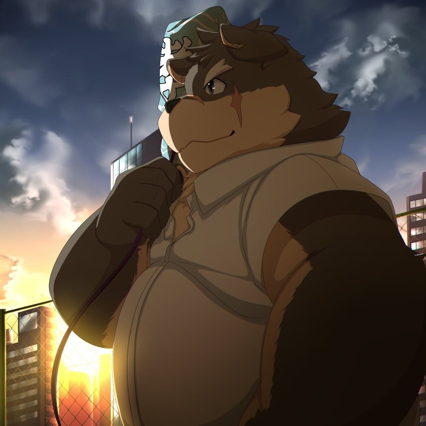 anthro belly city cityscape clothing cloud cloudy_sky dress_shirt eyebrows fur grey_body grey_fur male musclegut muscular shirt sky solo sunset thick_eyebrows topwear tolsche lifewonders tokyo_afterschool_summoners moritaka_(tas) canid canine canis domestic_dog mammal cloudy_(disambiguation) 1:1