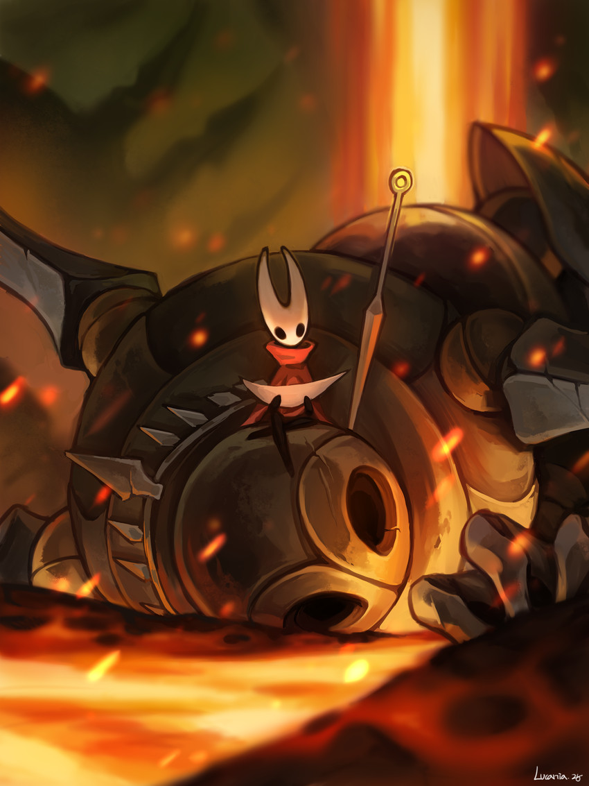 2_horns ambiguous_gender biped black_arms black_eyes black_legs cloak clothing empty_eyes holding_map horn lava looking_at_map machine map melee_weapon red_cloak red_clothing sitting solo text weapon white_text lucaniamc hollow_knight:_silksong hollow_knight_(franchise) team_cherry fourth_chorus hornet_(hollow_knight) arthropod robot 2025 3:4 english_text hi_res signature