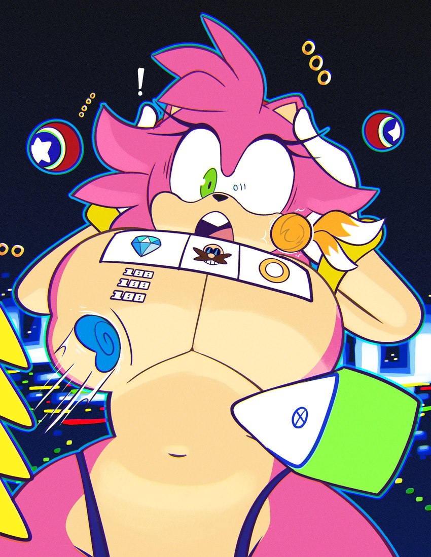 anthro big_breasts blue_body breasts dipstick_tail female gameplay_mechanics group macro male markings multi_tail nude pinball pink_body ring_(sonic) score shocked spin_dash tail tail_markings tan_body trio yellow_body monamania sega sonic_the_hedgehog_(series) amy_rose miles_prower sonic_the_hedgehog canid canine eulipotyphlan fox hedgehog mammal hi_res