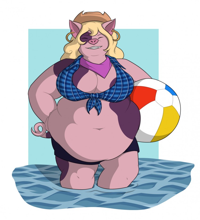 anthro ball beach_ball belly bent_leg big_belly big_breasts black_bottomwear black_clothing black_skirt blonde_hair blue_clothing blue_shirt blue_topwear bottomwear breasts brown_clothing brown_hat brown_headwear chubby_cheeks cleavage clothed clothing cowboy_hat curled_tail ear_piercing ear_ring eyes_closed female front_view gold_ear_ring hair hand_on_hip hat headgear headwear holding_beach_ball inflatable kerchief multicolored_body multicolored_skin neckerchief neckwear notched_ear obese obese_anthro obese_female overweight overweight_anthro overweight_female partially_submerged pattern_clothing pattern_shirt pattern_topwear piercing pink_body pink_kerchief pink_neckerchief pink_skin pink_tail plaid plaid_clothing plaid_shirt plaid_topwear ring_piercing shirt simple_background skirt solo tail thick_thighs thin_eyebrows tied_shirt toothy_grin topwear two_tone_body two_tone_skin two_tone_tail theannoyingnpc roxanne_(spidersoda) domestic_pig mammal suid suine sus_(pig) 2022 colored digital_drawing_(artwork) digital_media_(artwork) hi_res shaded simple_shading