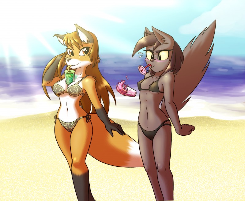 amber_eyes anthro beach beverage bikini black_body black_fur blush breasts bubble_tea cat_tail clothing dark_body dark_fur detailed_background duo female fluffy fluffy_tail fox_tail freckles fur hair multicolored_body multicolored_fur navel outside pupils red_body red_fur seaside slit_pupils small_breasts smile swimwear tail thick_thighs two-piece_swimsuit water white_body white_fur yellow_eyes ketirz hands-free_bubble_tea jodi_(aistarin) zoe_ire canid canine domestic_cat felid feline felis fox mammal red_fox true_fox 2019 absurd_res digital_media_(artwork) hi_res meme