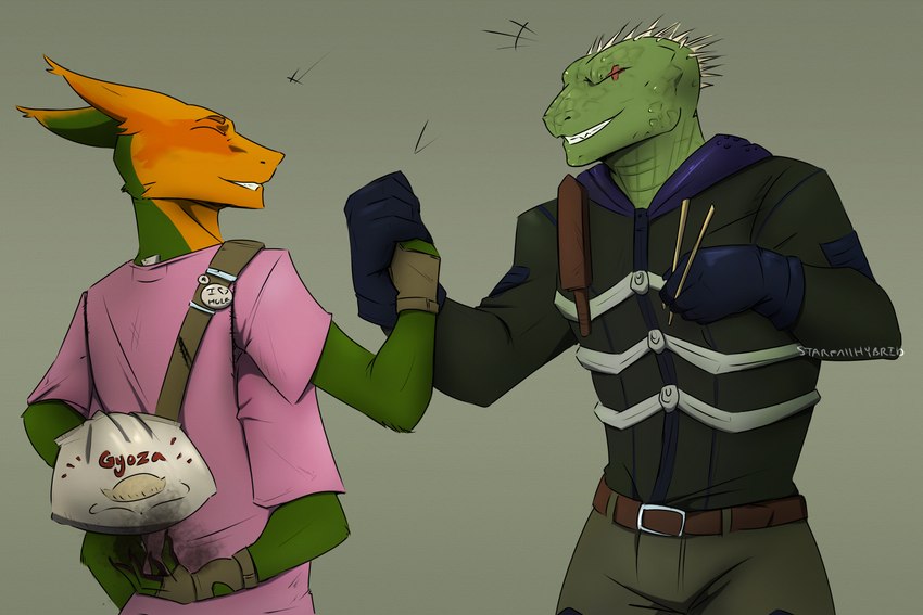 anthro buddies duo eyes_closed gesture green_body green_scales handshake male multi_arm multi_limb multicolored_body scales smile smiling_at_another smiling_at_each_other starfallhybrid_(artist) dorohedoro gemini_the_sergal kaiman_(dorohedoro) 3:2 absurd_res hi_res