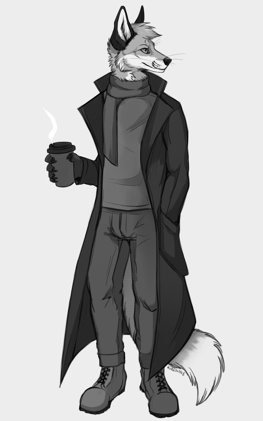 anthro autumn beverage black_nose boots bottomwear clothing coat coffee coffee_cup container cup dark_ears dipstick_tail footwear head_tuft jacket male markings neck_tuft pants scarf shoes solo standing sweater tail tail_markings topwear trenchcoat tuft whiskers kikonine doppelfoxx jakkals_van_der_bergh_(doppelfoxx) canid canine fox mammal absurd_res black_and_white hi_res monochrome sketch