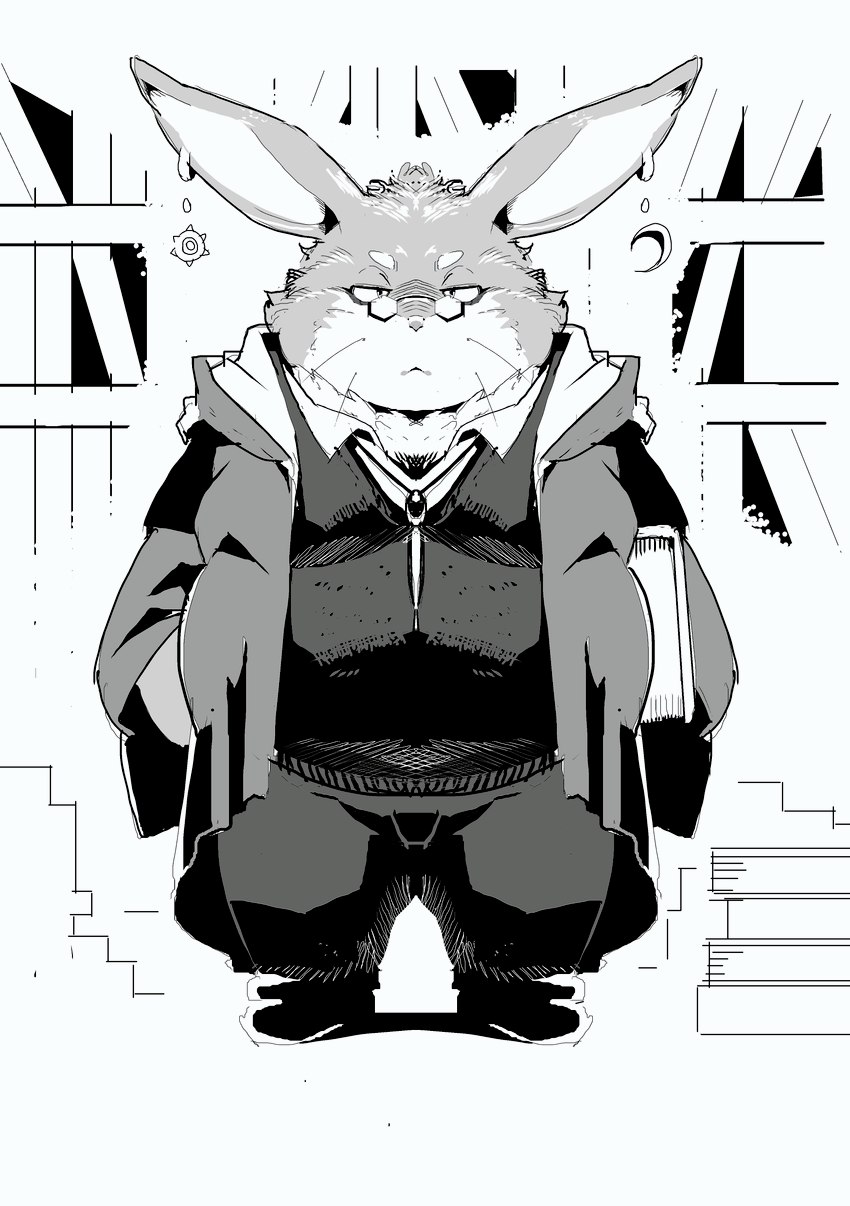 anthro biped book bottomwear clothing ear_piercing ear_ring eyewear glasses kemono male overweight overweight_male pants piercing ring_piercing shirt solo topwear sigenoya takotyutyu lagomorph leporid mammal rabbit 2022 absurd_res hi_res monochrome