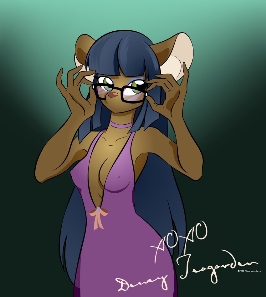 anthro blue_hair breasts choker cleavage clothed clothing dress eyewear female glasses green_eyes hair jewelry long_hair necklace nipple_outline pink_nose solo chromatophore dewey_teagarden mammal mouse murid murine rodent 2012 hi_res