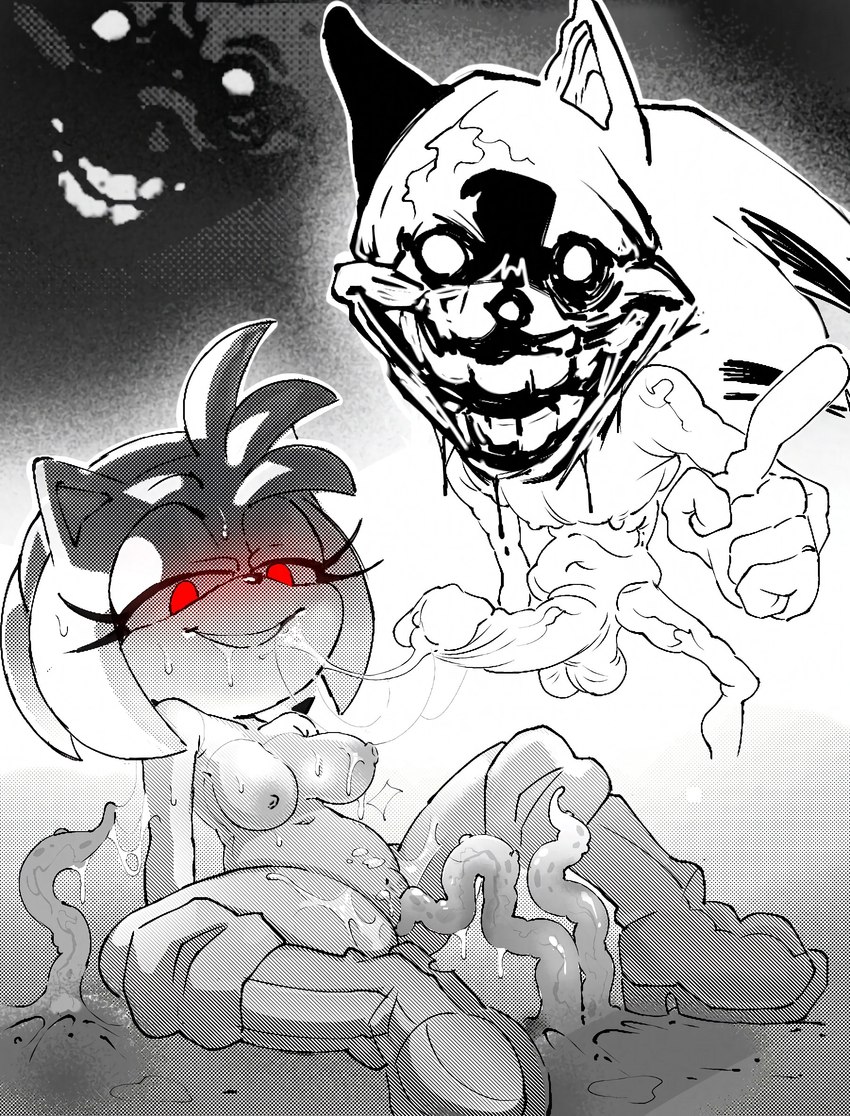 anthro balls bodily_fluids boots breasts clothing creepy creepy_face duo female footwear genital_fluids genitals glowing glowing_eyes grin grinning_at_viewer male male/female penis pussy red_eyes scary shoes smile sweat tentacles calabreso sega sonic_the_hedgehog_(series) amy_rose sonic.exe sonic_the_hedgehog eulipotyphlan hedgehog mammal hi_res