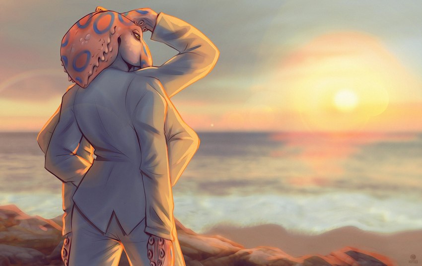 anthro beach clothed clothing detailed_background fully_clothed male mult multi_arm multi_limb outside sand sea seaside solo suit sunset tentacle_arms tentacle_limbs tentacles water mirtilo elicor blue-ringed_octopus cephalopod coleoid marine mollusk octopodiform octopus digital_media_(artwork) hi_res watermark