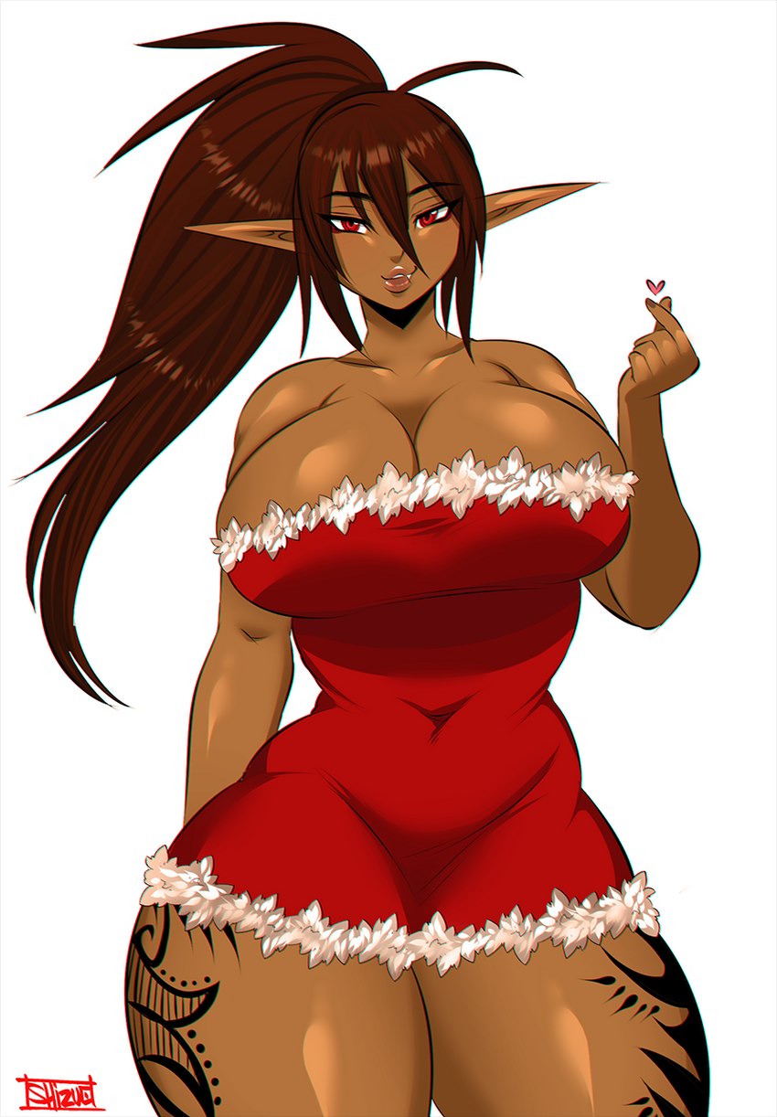 big_breasts breasts brown_hair cleavage clothed clothing female hair not_furry ponytail solo tattoo thick_thighs luvon elf humanoid hi_res