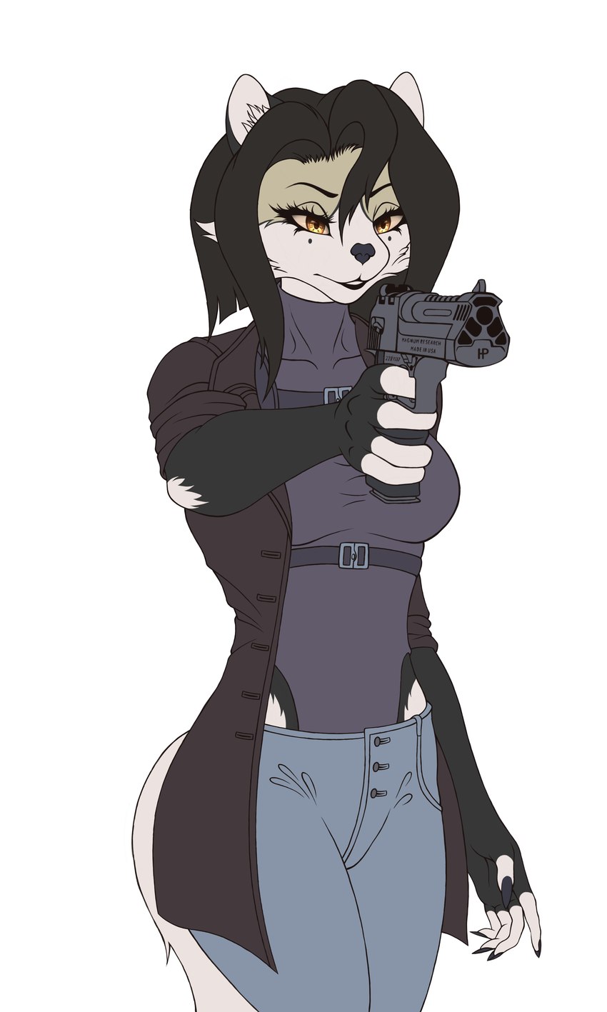 anthro bottomwear clothing coat denim denim_bottomwear denim_clothing desert_eagle female gun handgun jeans pants pistol raincoat ranged_weapon solo topwear weapon hermitpioneer hyena mammal mustelid otter 3:5 absurd_res hi_res