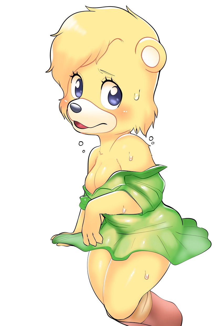 anthro blonde_hair breasts cleavage clothed clothing dress female fur green_clothing green_dress hair looking_at_viewer off_shoulder open_mouth simple_background solo translucent translucent_clothing wet wet_clothing wet_hair white_background yellow_body yellow_fur oposa disney gummi_bears sunni_gummi bear mammal 2021 absurd_res hi_res portrait three-quarter_portrait