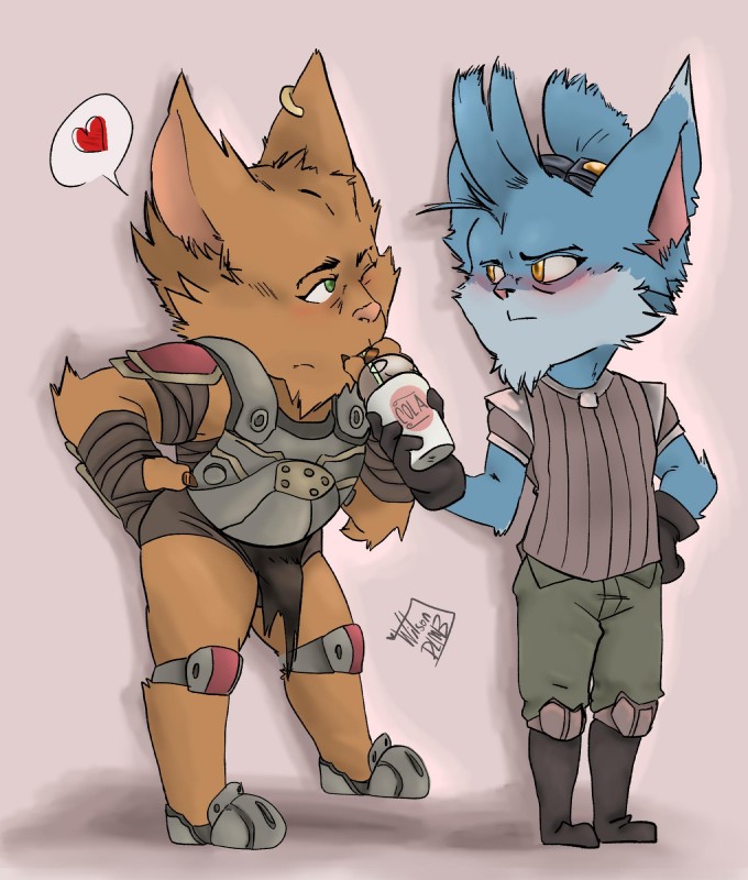 beverage blush duo erection heart_reaction heart_symbol male male/male red_heart romantic romantic_couple sharing sharing_beverage soda speech_bubble wilsondlmb league_of_legends riot_games tencent rumble_(lol) ziggs_(lol) yordle 2019 hi_res pictographics