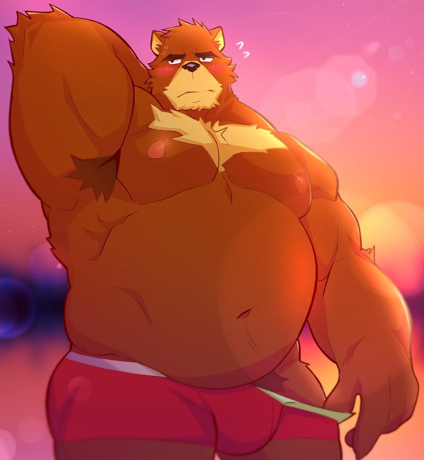 anthro armpit_hair barazoku belly black_nose blush body_hair brown_body bulge clothing humanoid_hands male musclegut muscular muscular_anthro muscular_male nipples outside overweight overweight_anthro overweight_male pecs solo underwear obstacle033 morenatsu juuichi_mikazuki bear mammal 2022 hi_res