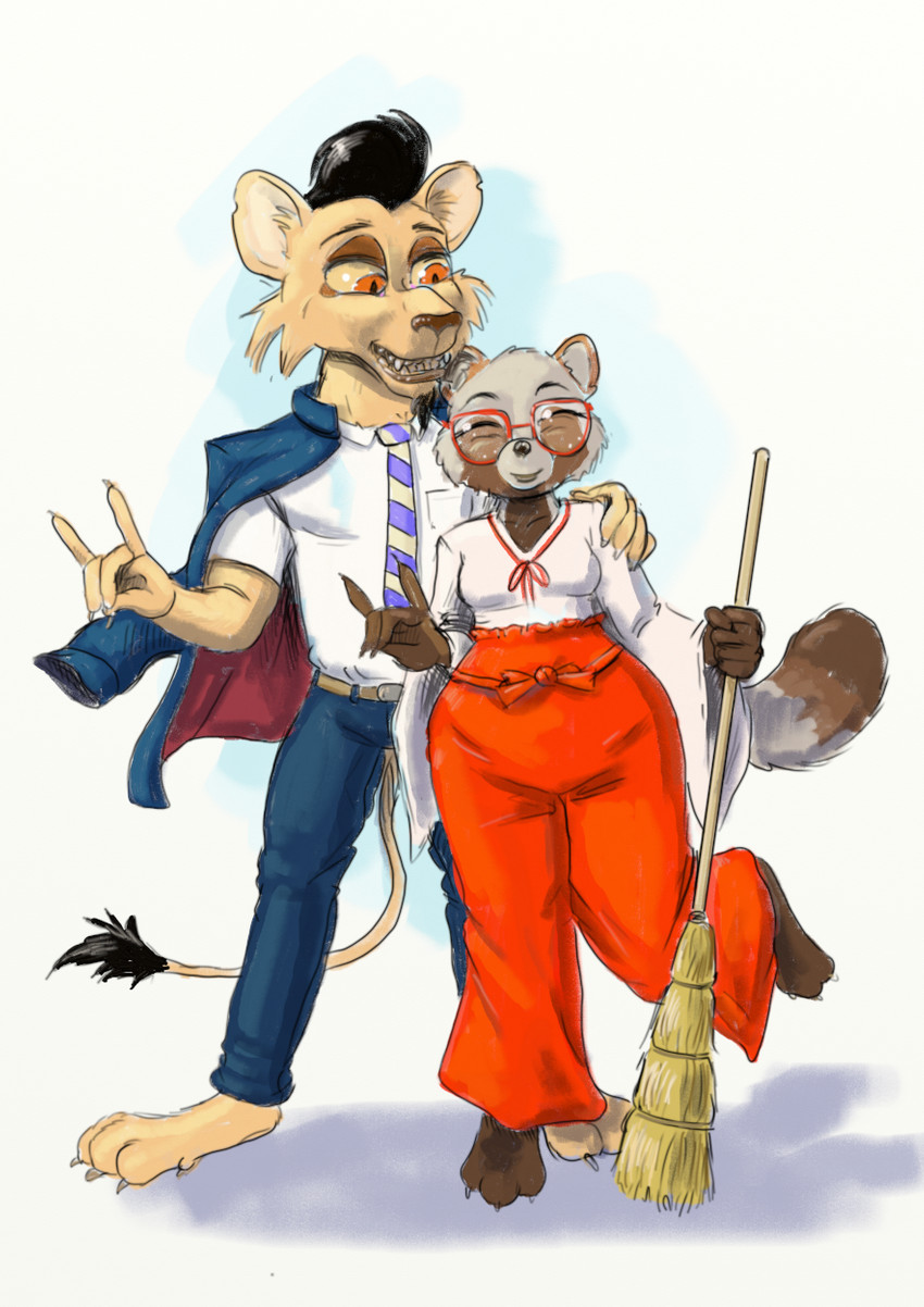 anthro asian_clothing bancho barefoot broom cleaning_tool clothing duo east_asian_clothing eyewear facial_hair feet female gesture glasses goatee hand_gesture japanese_clothing male miko_outfit necktie pompadour capt_hairball disney the_lion_king zootopia kaho_mujina nuka_(the_lion_king) canid canine felid lion mammal pantherine raccoon_dog tanuki hi_res