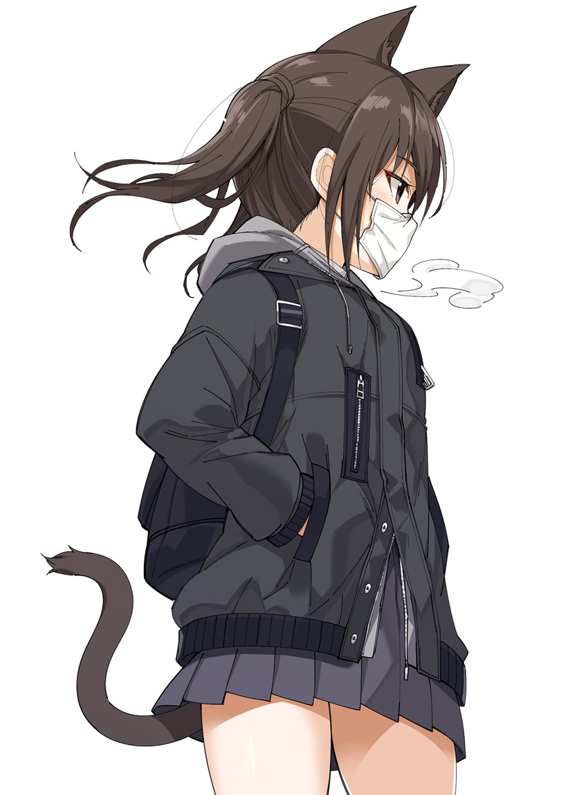 bag bottomwear breath brown_hair clothed clothing female fully_clothed hair jacket mask pigtails simple_background skirt solo topwear white_background young oota_yuuichi animal_humanoid cat_humanoid felid felid_humanoid feline feline_humanoid humanoid mammal mammal_humanoid 2019 hi_res