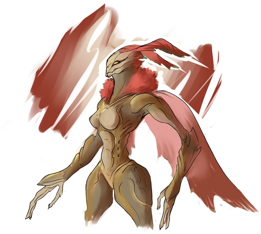 3_fingers anthro breasts brown_body female fingers hair neck_tuft non-mammal_breasts red_background red_hair simple_background solo tuft white_background wings yellow_eyes sharkrags metroid metroid_prime metroid_prime_2 nintendo arthropod luminoth 2014