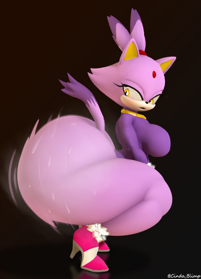 anthro big_breasts big_butt bodily_fluids bottomless breasts butt clothed clothing crouching female footwear hair high_heels huge_butt hyper hyper_butt looking_at_butt looking_at_own_butt looking_back motion_lines ponytail shoes solo sweat sweaty_butt tail thick_thighs topwear twerking cindablimp playbonnie3 sega sonic_the_hedgehog_(series) blaze_the_cat domestic_cat felid feline felis mammal 2024 3d_(artwork) artist_name digital_media_(artwork) hi_res