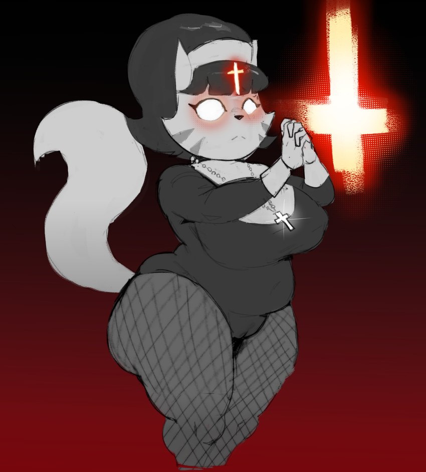 anthro belly big_breasts big_butt breasts butt camel_toe clothing cross crucifix female fishnet_clothing fishnet_legwear forehead_mark glowing glowing_eyes gradient_background inverted_cross legwear leotard markings mature_female nipple_outline nun_outfit possession praying simple_background slightly_chubby slightly_chubby_female solo striped_markings stripes tail estebon89 nickelodeon t.u.f.f._puppy mrs._katswell domestic_cat felid feline felis mammal 2025 hi_res monochrome portrait three-quarter_portrait