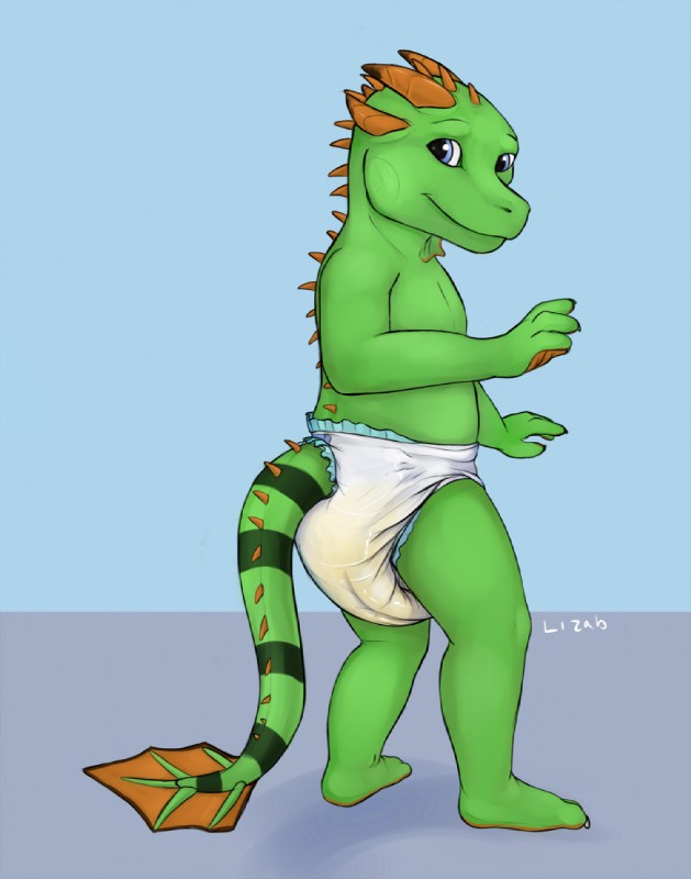 anthro blue_eyes bodily_fluids clothing dewlap_(anatomy) diaper furgonomics genital_fluids gular_flap horn looking_at_viewer looking_back male solo standing sub-tympanic_shield tail unclean_diaper urine used_diaper wet_diaper wetting young young_anthro aspensplaypen mythology kassrik dragon iguana iguanid lizard mythological_creature mythological_scalie reptile scalie 2015