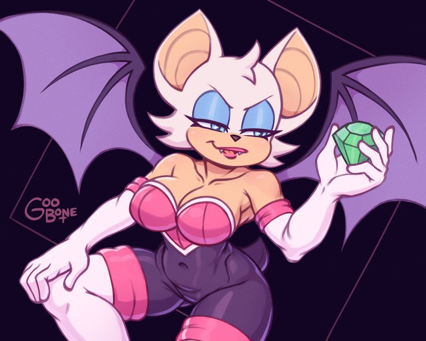 anthro blue_eyes blue_eyeshadow clothing eyeshadow fangs female fur lipstick makeup membrane_(anatomy) membranous_wings solo teeth tight_clothing white_body white_fur wings goobone sega sonic_the_hedgehog_(series) rouge_the_bat bat mammal emerald_(disambiguation) 5:4 hi_res