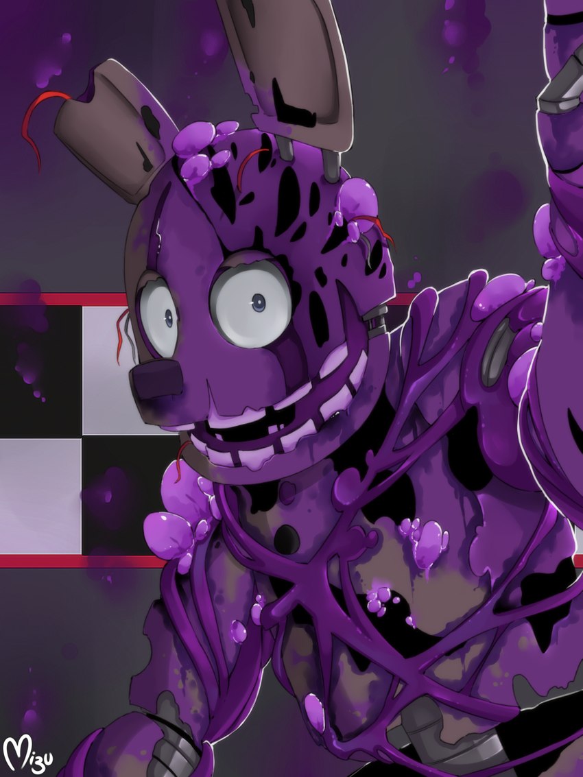 anthro big_pupils blue_eyes checkered checkered_wall close-up dilated_pupils exposed_endoskeleton long_ears looking_at_viewer machine male metal metallic metallic_body notched_ear o_o open_mouth pupils purple_body purple_nose raised_arm restaurant solo teeth torn_arm torn_body torn_face toxic_waste wide_eyed wire blazemizu five_nights_at_freddy's five_nights_at_freddy's_3 five_nights_at_freddy's_ar scottgames springtrap_(fnaf) toxic_springtrap_(fnaf) animatronic lagomorph leporid mammal rabbit robot 2020 3:4 half-length_portrait hi_res portrait