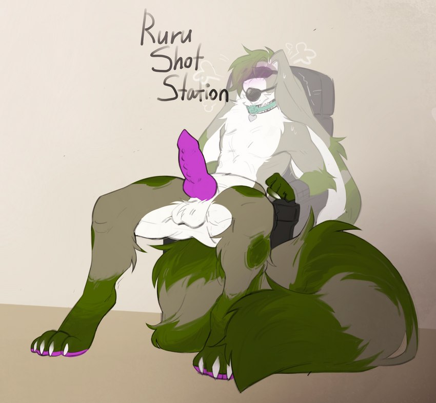 anthro arms_tied ball_gag big_ears big_tail blindfold blush bound breath collar collar_tag erection floppy_ears fluffy fluffy_chest fluffy_tail frilly frilly_collar fur gag genitals green_body heart_collar_tag heart_symbol heart_tag knot lop_ears male pawpads penis purple_pawpads purple_penis solo tail bishopi rurik_carpenter hybrid lagomorph leporid mammal procyonid rabbit raccoon 2023 absurd_res hi_res