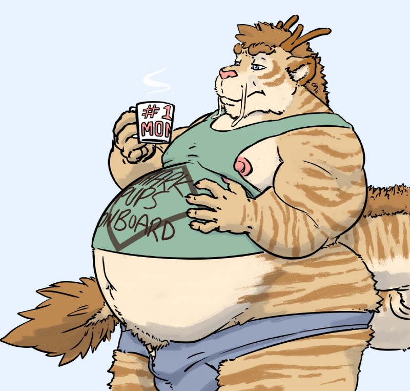 belly beverage big_belly bottomwear bulge clothing horn male pregnant pregnant_male shirt shorts simple_background solo standing tail tail_tuft thick_tail topwear tuft sharkstomeatyou testosterone_(artist) mythology thenamesmel mel_(character) dragon felid hybrid mammal mythological_creature mythological_scalie pantherine scalie tiger hi_res