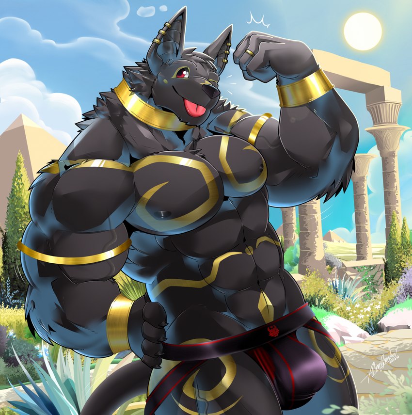 5_fingers anthro armlet black_body black_fur black_nose bracelet bulge claws clothed clothing collar digit_ring finger_claws finger_ring fingers flexing fur gold_(metal) gold_armlet gold_bracelet gold_collar gold_jewelry gold_markings jewelry jockstrap male markings metal_collar muscular muscular_anthro muscular_male navel nipples outside pecs ring smile solo tongue tongue_out topless topless_anthro topless_male underwear wedding_ring aliensymbol rogue_fang djoser_(psychoh13) anubian_jackal canid canine canis jackal mammal 2023 hi_res