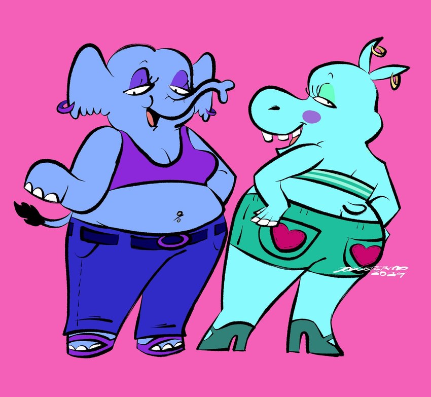 anthro breasts butt cleavage clothed clothing crop_top duo ear_piercing feet female footwear high_heels midriff nails navel navel_piercing open_mouth piercing sandals shirt shoes simple_background teeth thick_thighs toenails toes toony topwear dolcetermo_(artist) 3_dog_band common_hippopotamus elephant elephantid hippopotamid mammal proboscidean hi_res signature