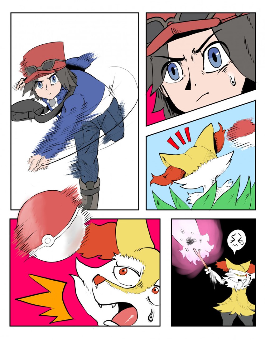 ambiguous_gender anthro black_hair blue_eyes clothed clothing covering covering_eyes covering_face duo field fur hair magic male orange_body orange_eyes orange_fur scared spell surprised_expression throwing throwing_object throwing_pokeball white_body white_fur yellow_body yellow_fur zneazel nintendo pokemon calem_(pokemon) braixen generation_6_pokemon human mammal pokemon_(species) colored hi_res